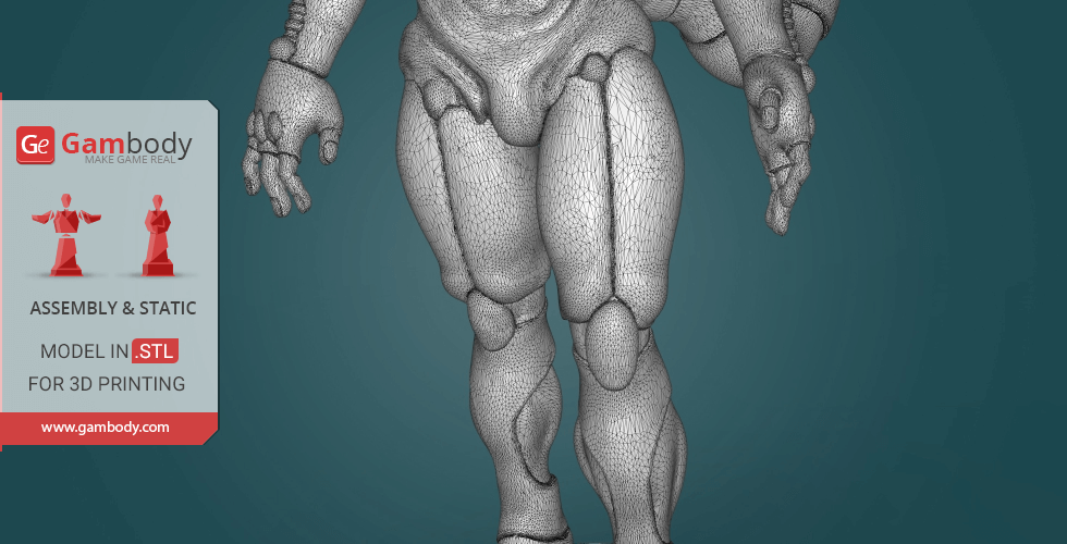 3D model of humanoid character with muscular structure for STL 3D printing.