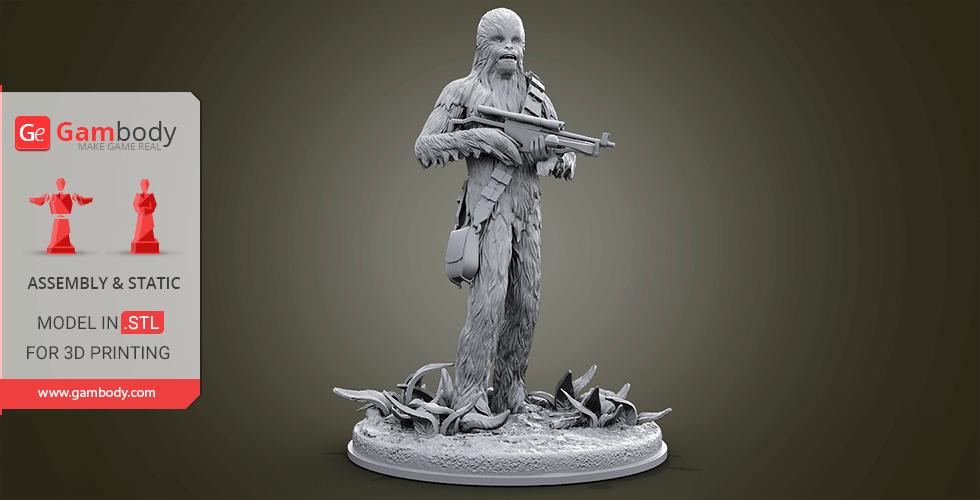 A 3D model of a tall, furry character holding a rifle, standing on a detailed base for printing.