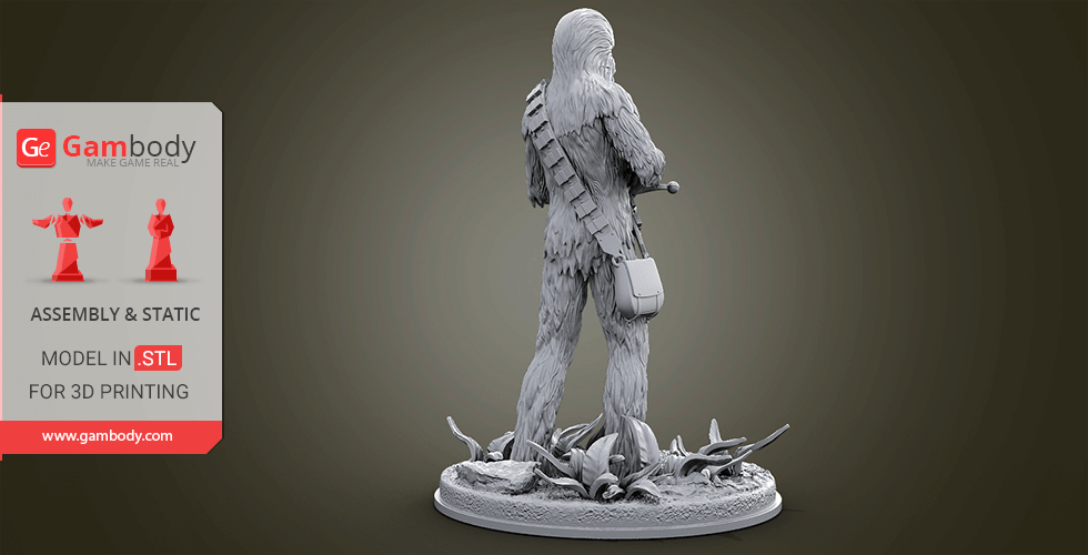 A 3D model of a tall, furry character with a bandolier and satchel, standing on a detailed base with foliage.