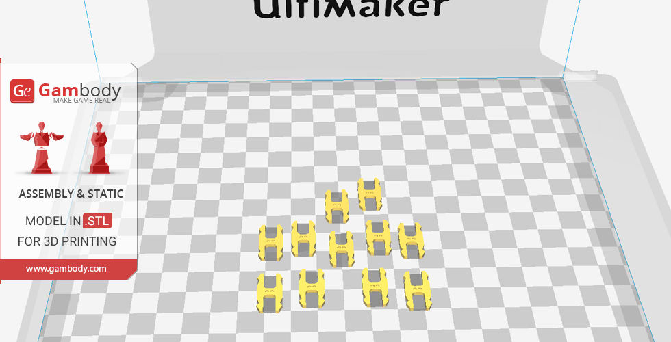 Yellow 3D printer components arranged on a checkered print bed.