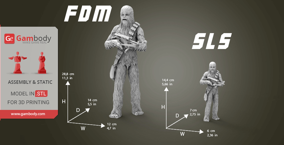 3D models of a tall, furry character with a weapon, shown in two sizes for 3D printing.