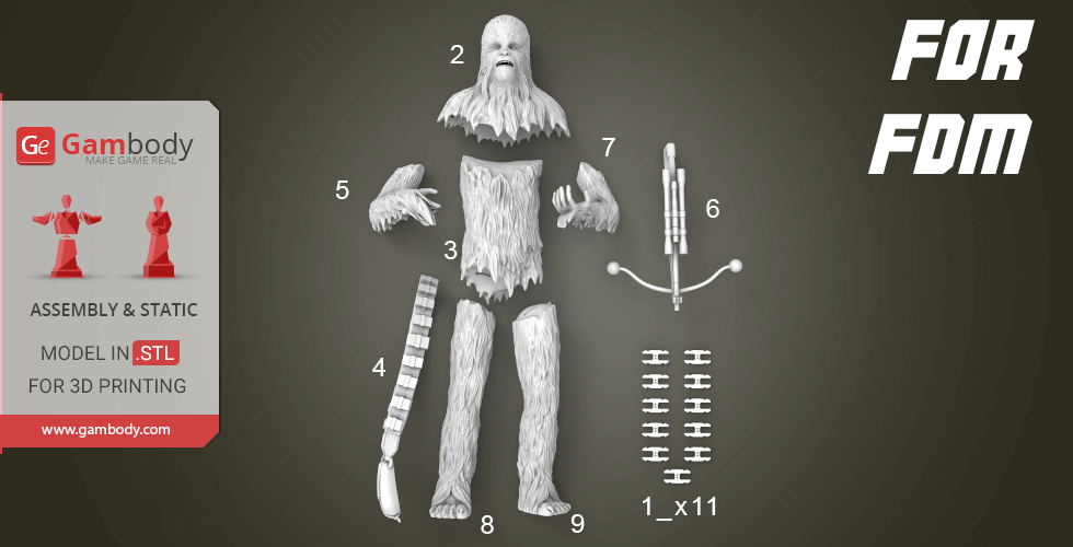 3D printable Chewbacca model parts laid out for assembly, including body, limbs, and weapon.