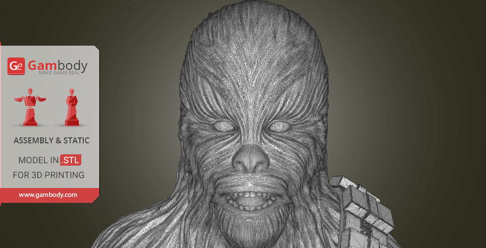 3D model of a detailed, furry character's face for 3D printing, displayed on Gambody.