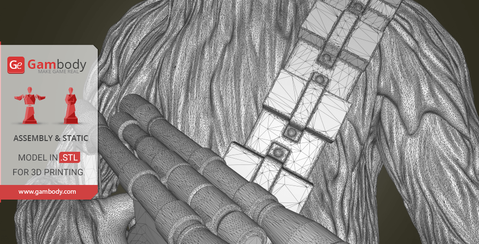 A detailed 3D model of a hairy character with a bandolier, featured on Gambody for 3D printing.