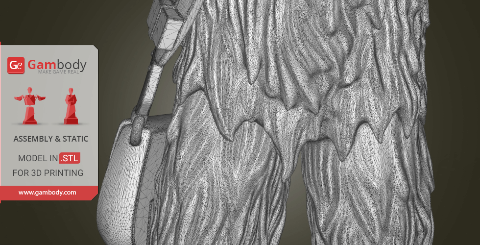 3D wireframe model of a furry, humanoid figure with a shoulder bag, labeled for 3D printing by Gambody.