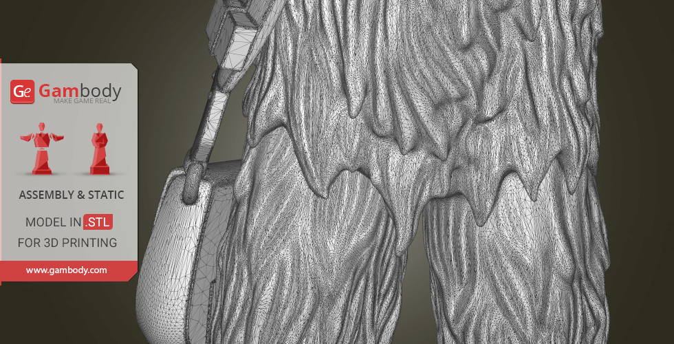 A detailed 3D model design of a furry creature with a bandolier, ready for 3D printing.