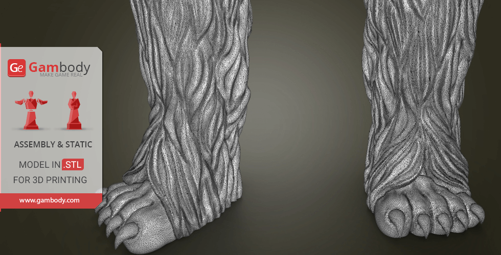 Detailed 3D model of hairy creature feet with claws, optimized for 3D printing on Gambody platform.