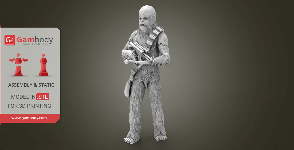 A detailed 3D model of a tall, furry creature with a crossbow, designed for 3D printing.