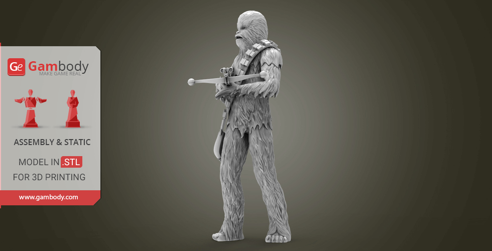 A 3D model of a tall, furry character holding a weapon, designed for 3D printing.