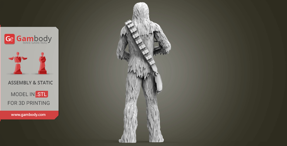 A 3D model of a tall, hairy creature with a bandolier, designed for 3D printing.
