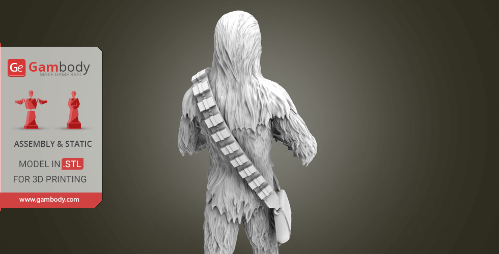 3D model of a hairy biped with a bandolier, shown from the back for 3D printing.