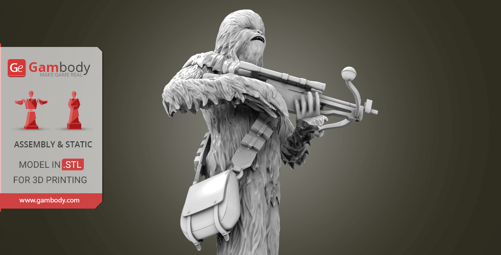 A 3D model of a hairy creature holding a weapon, with a shoulder bag, ready for 3D printing.