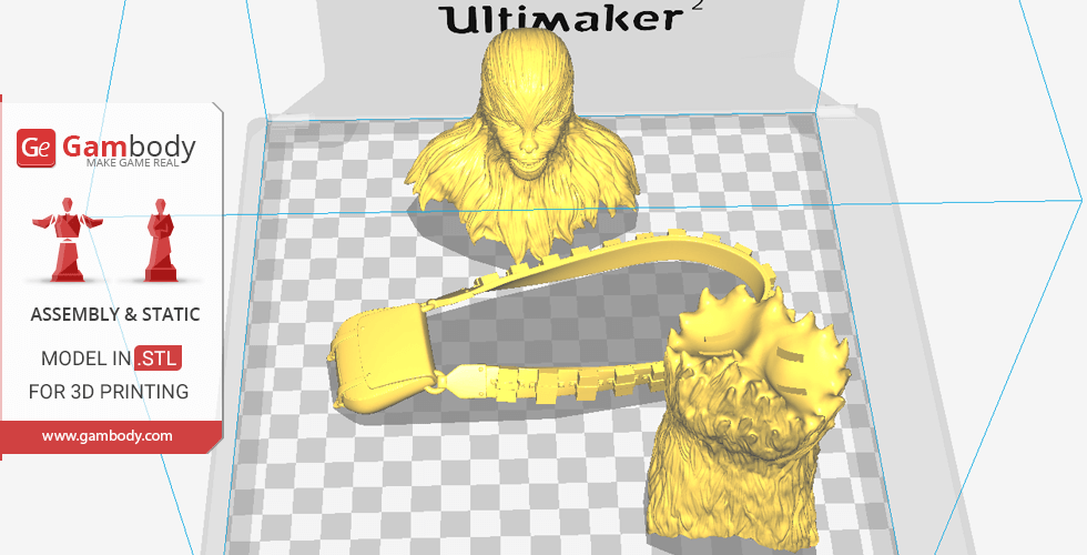 3D model of a hairy creature's head and torso parts prepared for printing on a checkered platform.
