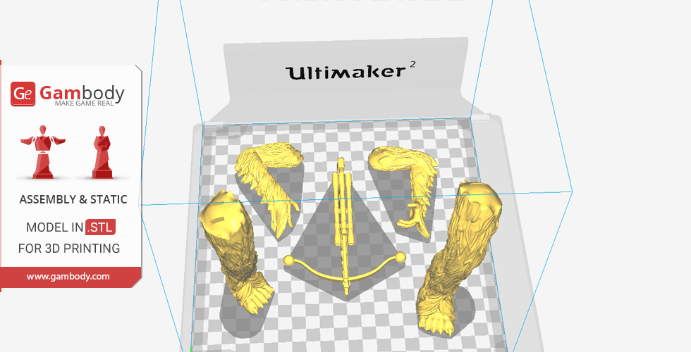 3D model parts of a hairy character and weapon for printing, arranged in a virtual printer box.