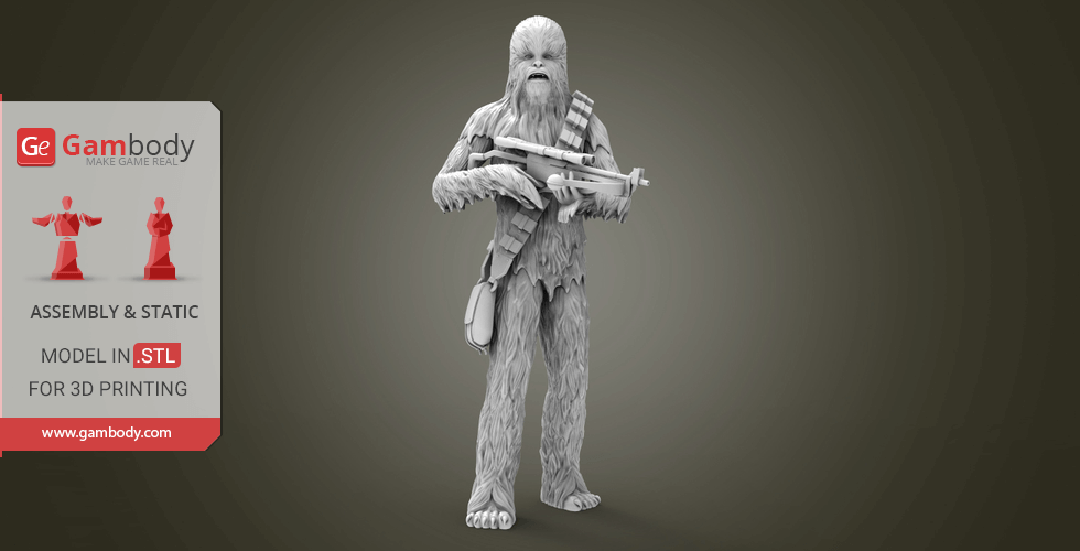 A detailed 3D model of a tall, furry character holding a weapon, designed for 3D printing.