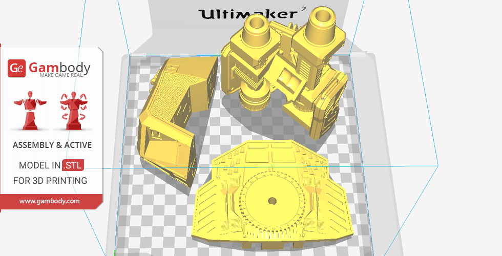 Pieces of the Terran Thor mech from StarCraft, arranged for 3D printing in a yellow filament.
