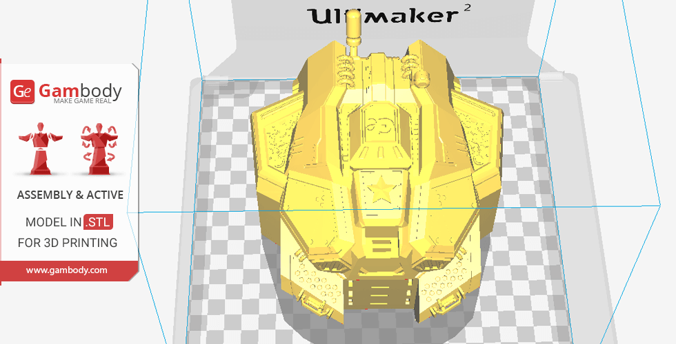 A yellow 3D model of the Terran Thor from StarCraft in a 3D printing software preview.