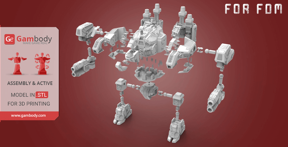Exploded view of Terran Thor mech model parts for 3D printing assembly.