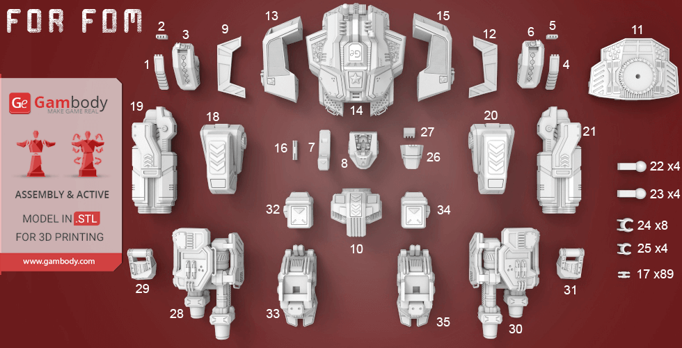 Exploded view of 3D printable parts for the Terran Thor model from StarCraft, labeled for assembly.