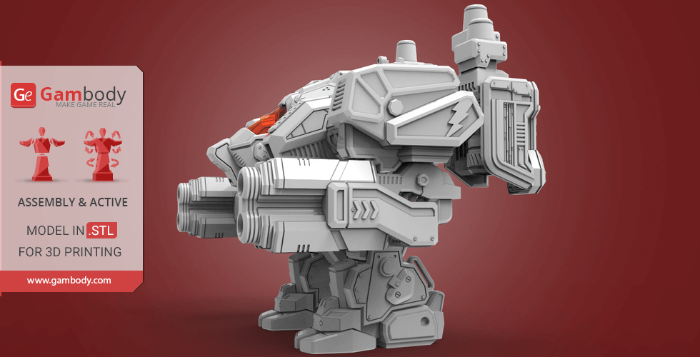 A detailed 3D model of a sci-fi mech suit for printing, featuring heavy armor and mechanical details.