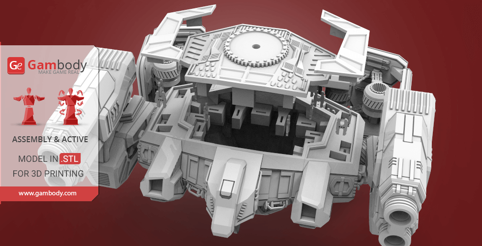 A detailed 3D model of a mech from StarCraft, designed for 3D printing, with visible mechanical components.