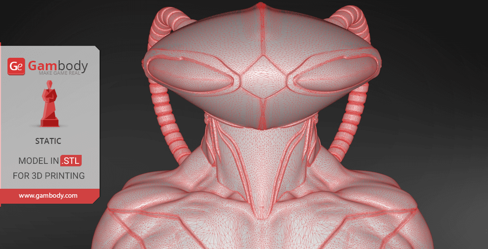 3D model of an armored character bust with helmet and cables, designed for 3D printing.