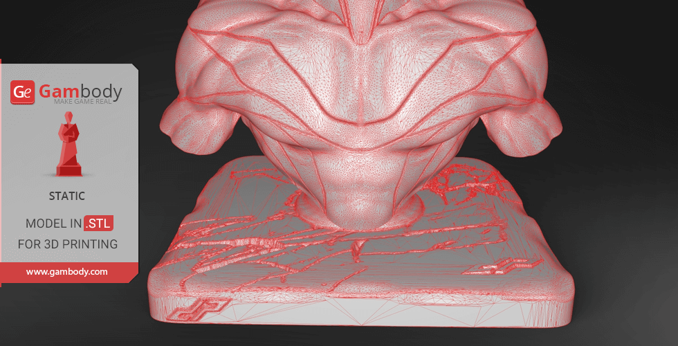 A 3D model of a bust with muscular detail, labeled for STL files for 3D printing by Gambody.