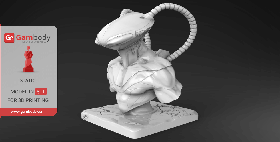 Futuristic armored bust with helmet and tubes on a cracked base, designed for 3D printing.