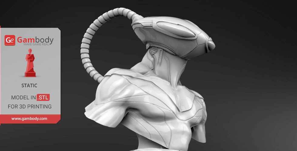 Futuristic armored bust with sleek helmet and cable, designed for 3D printing.