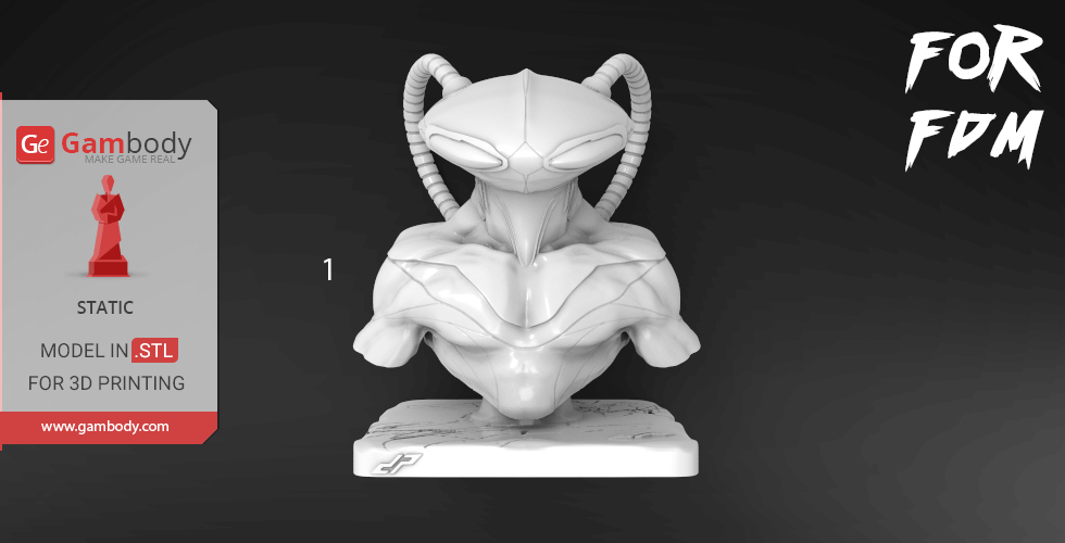 A detailed 3D bust of Black Manta with a smooth, sleek helmet and curved tubes on a display base.