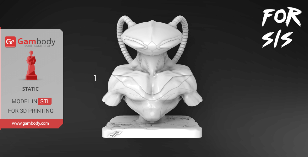 3D-printed bust of Black Manta with detailed armor and helmet on a display stand.