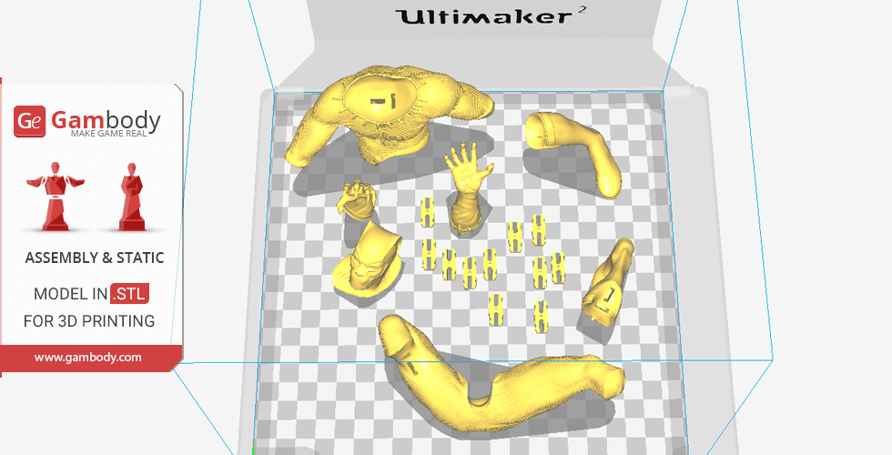 3D print layout of Black Panther parts including torso, arms, and hands in an Ultimaker slicing software.