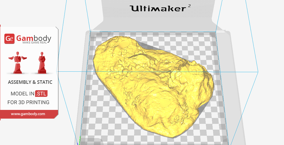A 3D print preview of a rocky base STL file in yellow on a checkered print bed in Ultimaker Cura.