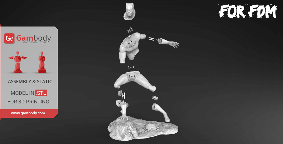 Disassembled Black Panther 3D model parts for printing, shown with base and assembly guide from Gambody.