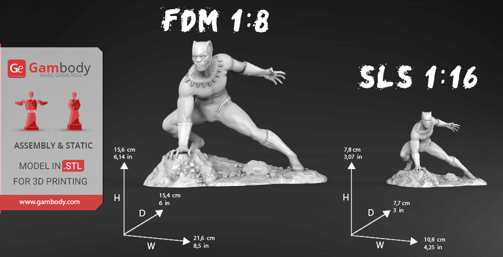 3D model of a crouching superhero in a dynamic pose for printing, showing two size options: FDM 1:8 and SLS 1:16.