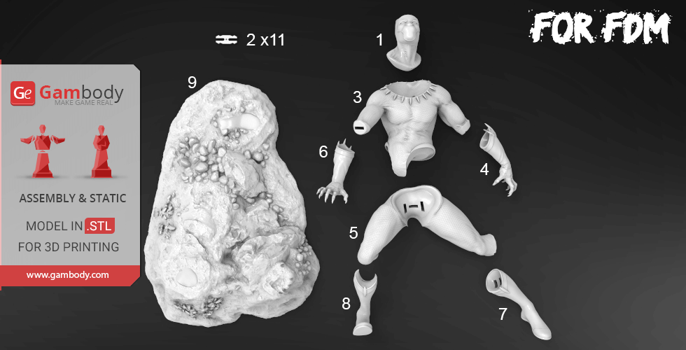 3D model parts of a Black Panther figure for printing, including limbs and a base, displayed labeled for assembly.