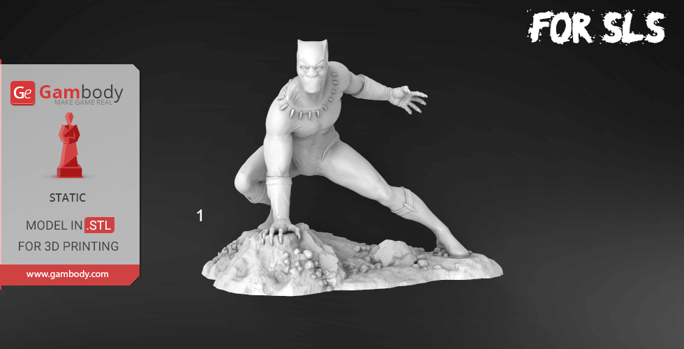 Stylized Black Panther statue crouching on a rocky base for 3D printing.
