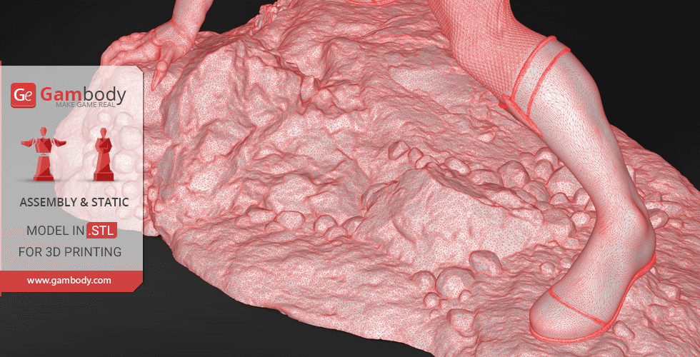 A detailed 3D model of a character kneeling on a textured rocky base.