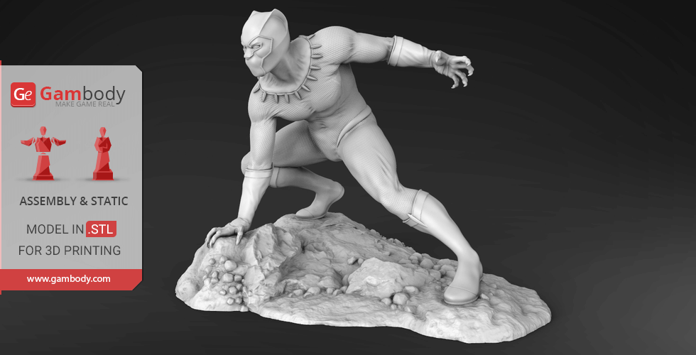 A detailed 3D model of a superhero crouching on a rocky base, ready for 3D printing.