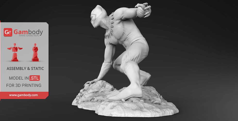 3D model of a dynamic, crouching superhero pose for 3D printing.