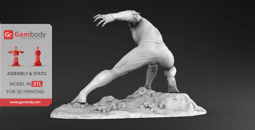 A 3D printable model of a superhero in a dynamic pose, ready for assembly on a rocky base.