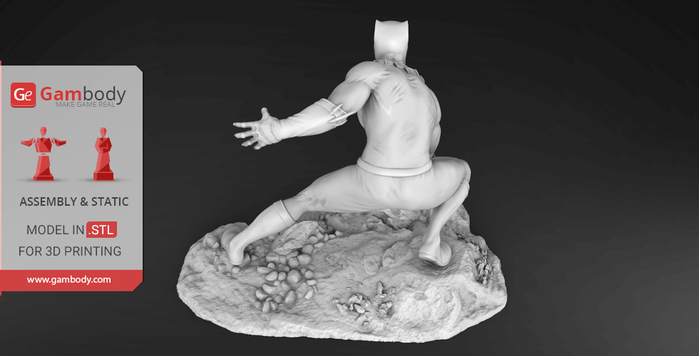 A 3D model of a superhero crouching on a rocky base, designed for 3D printing.