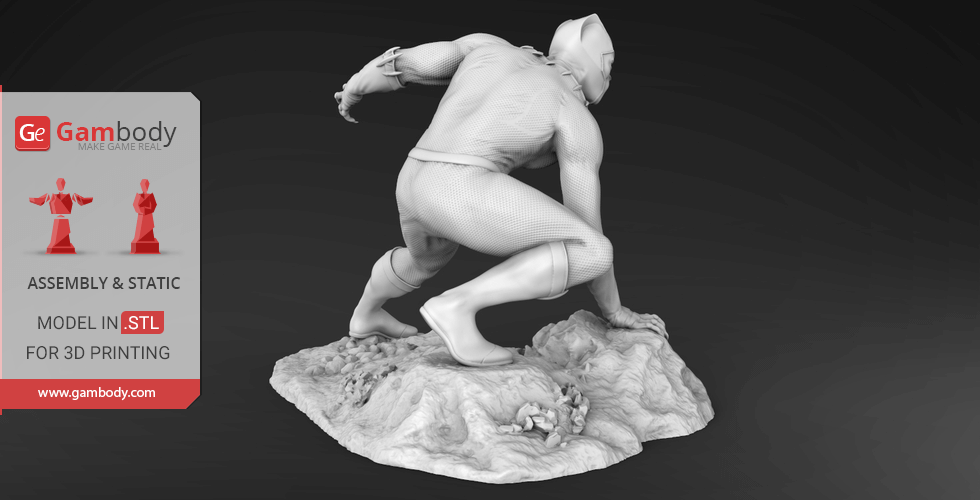 3D model of a superhero in a crouched pose on rocky terrain.