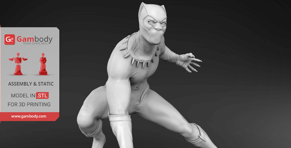 A 3D model of a superhero in a crouched pose, wearing a textured suit with a mask and claw-like necklace.