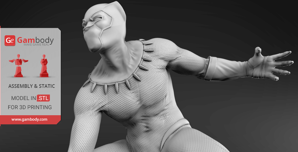 A detailed 3D model of a superhero in a crouching pose, designed for 3D printing.