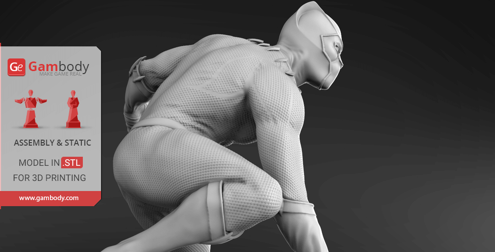 A detailed 3D model of a crouching superhero in textured suit for 3D printing.
