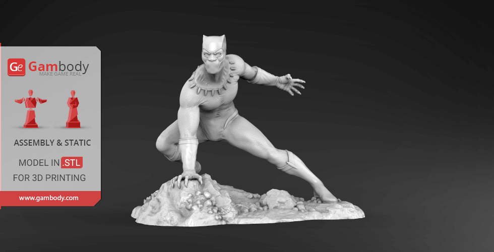 Black Panther poised on rocky terrain in a dynamic action pose for 3D printing.