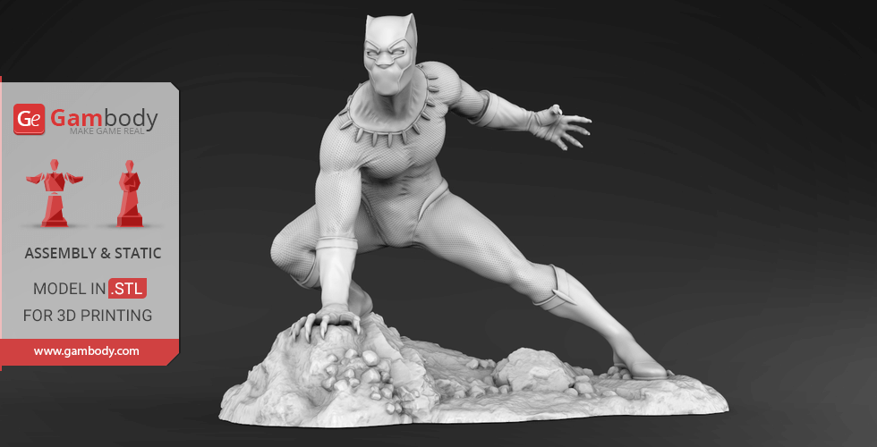 A detailed 3D model of a superhero crouching on a rocky base, ready for 3D printing.