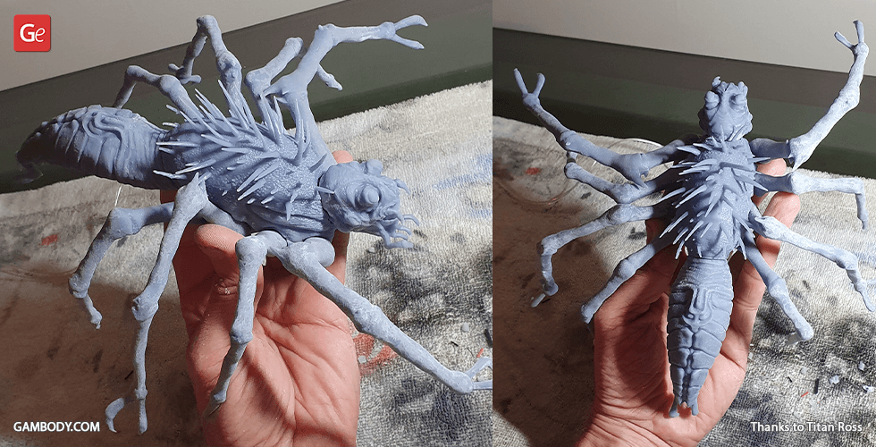 A detailed 3D printed model of a spider-like creature with multiple legs and spiky back.