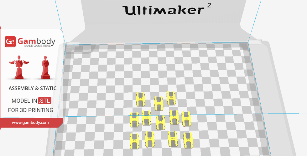 Yellow 3D models arranged on a checkered 3D printer bed.